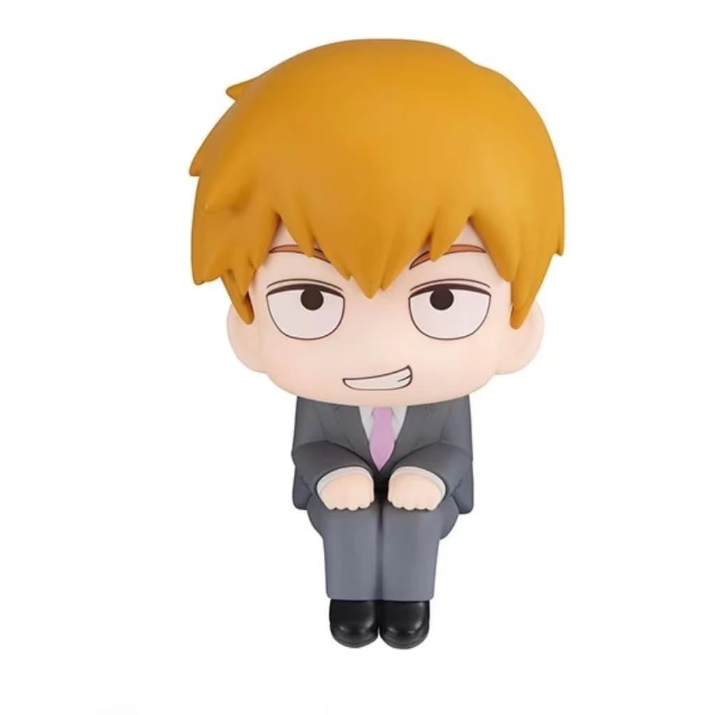 Anime Mob Psycho 100 Q Edition Figurines  Reigen Arataka & Shigeo "Mob Kageyama Sitting Palm Size PVC Models | Kawaii Collectible Desktop Statues for Anime & Manga Fans (Reigen Arataka 11cm)