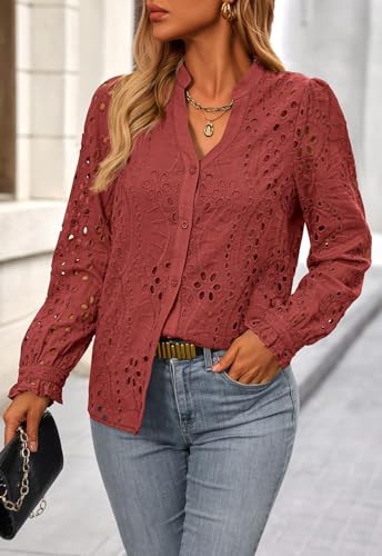 NALANISA Women's Fall Fashion Long Sleeve Shirts Button Down Dressy Casual Blouses V Neck Eyelet Embroidery Hollow Out Tops3