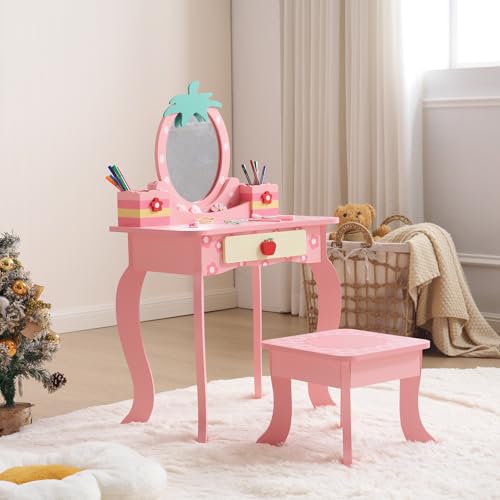 Image of Vanity Set,ShyneeMakeup Dressing Vanity Set Wooden Princess Makeup Table with Cushioned Stool,Drawer,Wooden Legs and Mirror, Make Up Dressing Play Set for Girls (Pink Red)