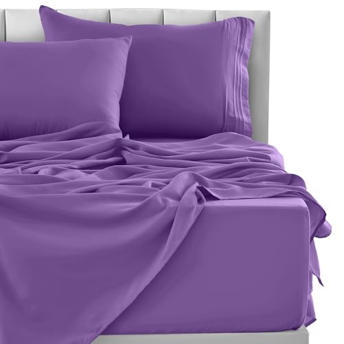 LUX Décor Twin XL Sheet Set - 3 Piece Ultra-Soft Microfiber Bed Sheets with Flat Sheet, 16 Inches Deep Pocket Fitted Sheet & Pillowcase, Cooling & Breathable, Hotel Luxury, Oeko-TEX - Purple