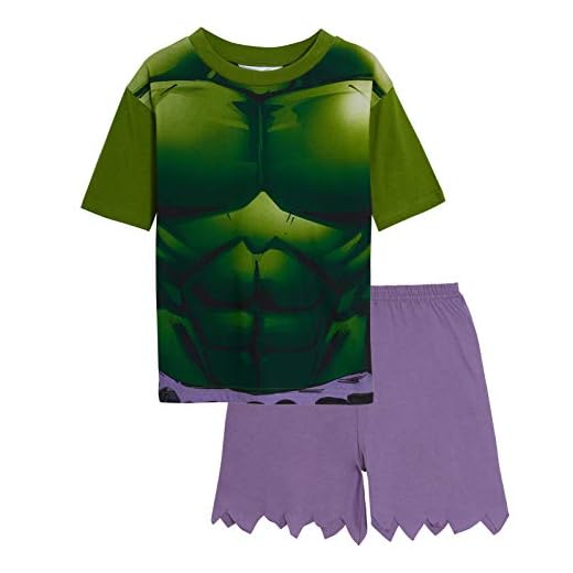 Marvel Conjunto de pijama corto de Hulk para niños, diseño de Los Vengadores, Verde/morado, 7-8 Years