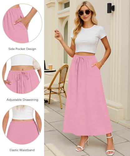 NILOUFO Maxi Skirts for Women High Waisted with Pockets Drawstring Pink — view 4