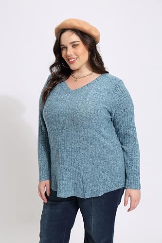 Image of RITERA Plus Size Sweater, Ribbed Long Sleeve Solid Top for Women | Soft vertical ribbed knit, modest V neck, loose long sleeves, curved swing hem, slimming casual layering top for curvy women