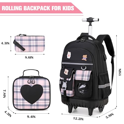 Rolling Backpack for Girls - Roller Wheels School Bookbag with Lunch Bag & Pencil Pouch for Teen Girls Kids Wheeled Suitcase Backpacks, Elementary Middle School Travel Daypack (Black)2