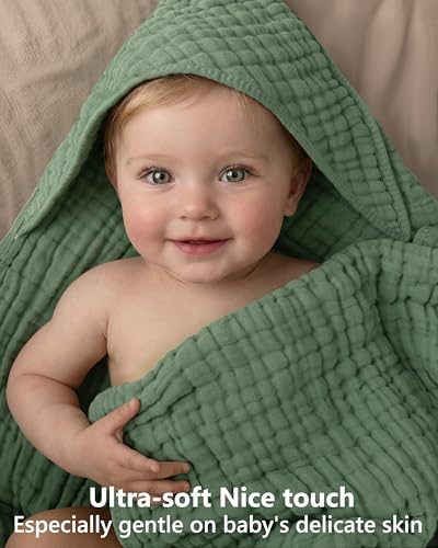 Image of Baby Bath Towels, 100% Muslin Cotton Hooded Baby Towels for Newborn, 2 Pack Baby Towels with Hood for Infant Toddler and Kids, Large 32x32Inch Unisex Bath Essentials, Soft and Absorbent