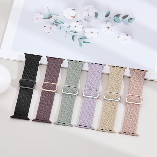 Image of 6 Pack Braided Stretchy Bands Compatible with Apple Watch Band 38mm 40mm 41mm 42mm 44mm 45mm 46mm 49mm Women Men, Adjustable Nylon Solo Loop Elastic Straps for iWatch Series 11 10 9 8 7 6 5 4 SE Ultra