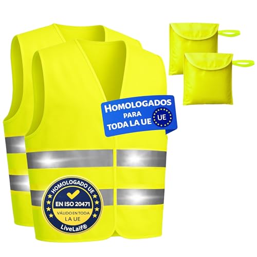 LiveLaif Pack 2 Chaleco Reflectante Homologado DGT ISO 20471 + 2 Fundas Incluidas | Chalecos Reflectantes Homologados | Chaleco Reflectante Coche Amarillo Alta Visibilidad | Talla Única Unisex