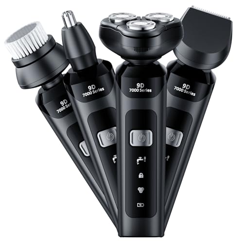 4-in-1 Electric Shaver for Men, USB Rechargeable Rotary Shaver Grooming Kit with Beard Trimmer, Facial Cleaning Brush, Nose Hair Trimmer, and Sideburns Cutter