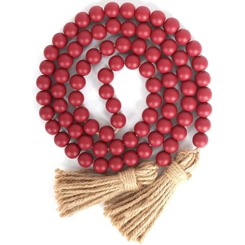 58in Wood Bead Garland with Tassels,Farmhouse Beads Rustic Country Decor Prayer Boho Beads Wall Hanging Decoration (Burgundy) Cover