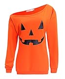 GSVIBK Womens Halloween Sweatshirts Halloween Pumpkin Face Long Sleeve Sweatshirts Off Shoulder Hall