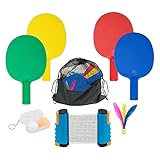 Plastic Portable Ping Pong Paddles Set of 4 Table Tennis Paddles with Retractable Ping Pong Net - 2 Ping Pong Balls with 1 Birdie. Perfect for Office, Lawn, and Beach Games for Adults and Families.