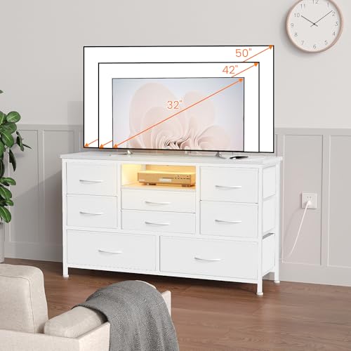 Jojoka 8 Dresser TV Stand with Power Outlet & LED for 55'' TV, Long Dresser for Bedroom with 8 Deep Drawers, Wide Console Table for Storage in Closet, Living Room, Entryway, Wood Top (White)