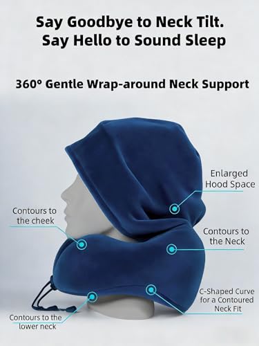 Image of Travel Neck Pillow with Extra Large Hood Rollable Airplane Hooded Neck Pillow with Memory Foam Filling and Removable, Skin-Friendly Cover with a Carrying Pouch