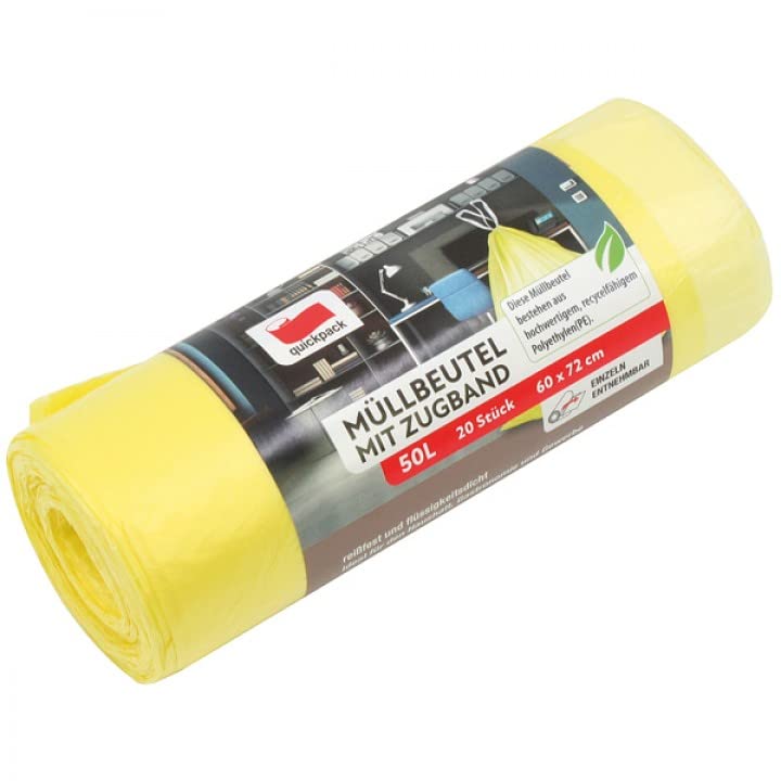 Müllbeutel 50 Liter mit Zugband, 20 Stk. auf Rolle, gelb/Mülleimerbeutel/Mülltüten/Abfallbeutel