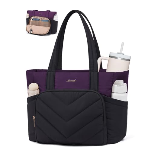 Image of LOVEVOOK Puffer Tote Bag for Women, V-Quilted Puffy Teacher Tote Nurse Bag, Large Shoulder Laptop Purse for Work Travel Gym
