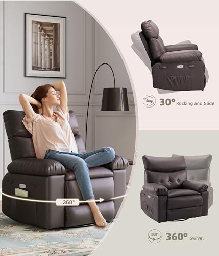 Image of GarveeHome Swivel Massage Chair, Power Rocking Recliner Chair with Vibration and Heating, Overstuffed Faux Leather Single Sofa Chair, Rocking Glider Chairs for Living Room