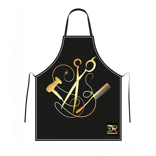 Hair Stylist Apron for Men Women - Professional Barber Apron Water Resistant Salon Apron Adjustable Hairdresser Apron with Gold Tools Print Cosmetology Apron for Hairstylist (Black 23.6x31.5)