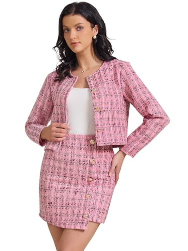 Allegra K Women's 2 Piece Skirt Sets Tweed Blazers Button