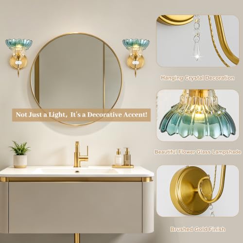 Image of 1 Piece Vintage Wall Sconce, 1-Light Brushed Gold Finish Wall Sconce with Hanging Crystal Accents and Flower-Shaped Teal Shades for Bathroom Bedroom Living Room,Vintage Vanity Light