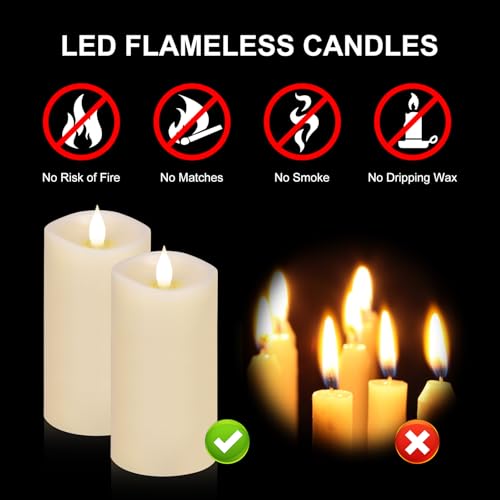 Image of 2PCS, 3 x 6 inches Flameless Candle with Remote Control, 3D Flickering Wick, Real Wax, Battery Candles,with Timer,Battery Powered Candles,for Holiday Home Decor,Ivory