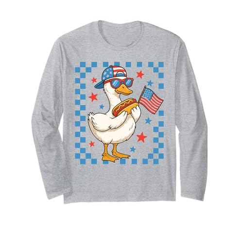 Funny Patriotic Duck USA Flag Hot Dog 4th Of July Kids Boys Long Sleeve T-Shirt