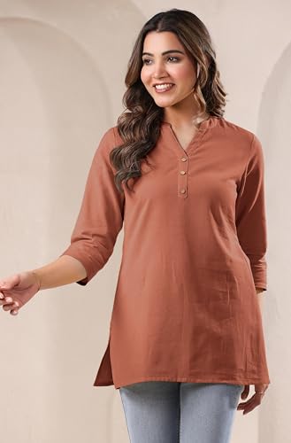 Image of Janasya Women's Light Blue Linen Cotton Solid A-line Top