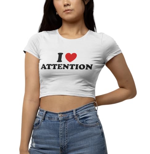 I Heart Shirt - Fitted Crop Top - I Love Attention - Baby Tee - Gift For Her - Retro - Custom - Graphic Stylish Outfit - Y2K Outfit - Summer Gifts - UTH - Under The Hut (L, White Croptop)