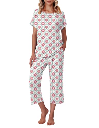 Image of Ekouaer Womens Capri Pajama Sets Print Short Sleeve Sleepwear Top and Pants | Comfy Printed Sleepwear Soft Crewneck Loungewear with Pockets for Home Daily Wear