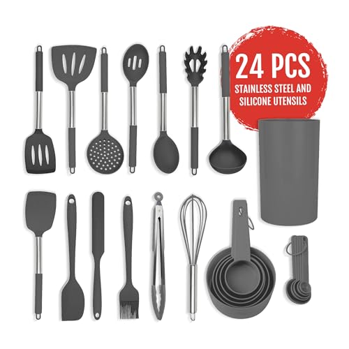 Culinary Couture 24-Piece Grey Silicone Cooking Utensils Set - Nonstick Safe, Stainless Steel Handles & Accessories - Thumbnail 4