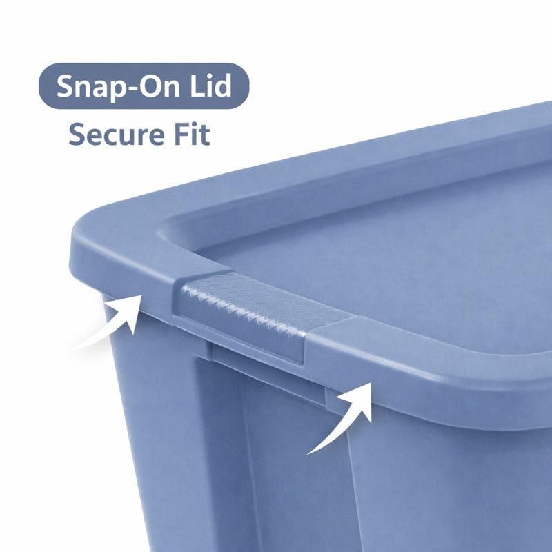 18 Gallon Plastic Storage Tote with Secure Snap-On Lid, Stackable Storage Bin for Linens, Seasonal Decor, Keepsakes & Home Organization (Blue)