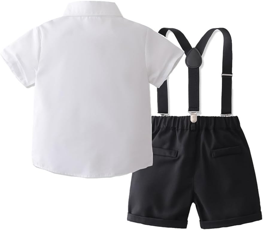 IDOPIP Toddler Kids Baby Boys Formal Suit Gentleman White Shirt with Bowtie + Suspender Shorts Pants Overalls Clothes 1-8T
