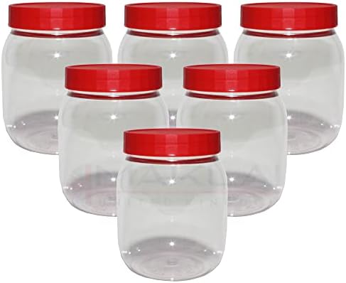 MKR PET Jars Transparent Plastic Storage Containers With Red Screw Top Lids. For Multi-Purpose Home Organisation, Food, Crafts, Powders, Herbs, Spices, Snacks (12 x 100ml)