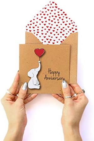 Happy Anniversary Elephant Handmade Greeting Card with Red Hearts Envelope