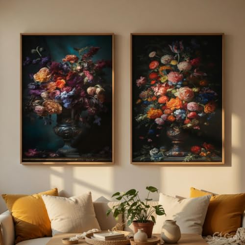 Image of Livin'luxe Vintage Floral Vase Wall Painting Set of 2 with Wooden Frames | Classic Flower Bouquet Artwork HD Sparkle Laminated MDF Wall Decor | Elegant Botanical Wall Art for Living Room Bedroom