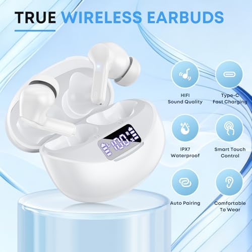 Fhumsh Wireless Earbuds Bluetooth 5.4 HiFi Stereo Headphones with Noise Cancelling Mic, 50H Playback in Ear Buds with LED Digital Display, IPX7 Waterproof Earphones for Office/Running/Workout (White) - 1