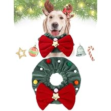 Christmas Dog Wreath Collar Xmas Bandana for French Bulldog Labrador Cosplay Costumes Pet Stretchy Christmas Outfit Accessories for Medium and Large Dog Cats Neckwear with a Red Bow
