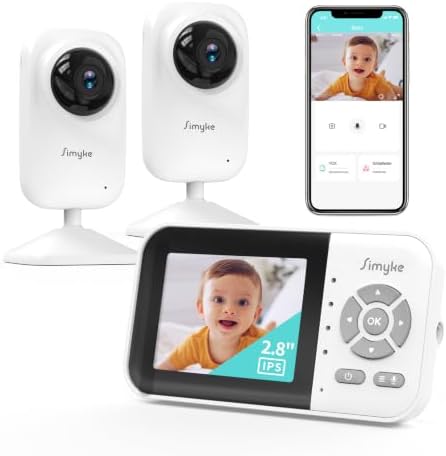 Simyke Smart Baby Monitor mit 2 Kameras und Audio 2.8'' Bildschirm WLAN ON/Off Switch Vision 2-Wege-Gespräch, 1200ft Lange Reichweite Fütterung Uhr Temperatur-Erkennung, tragbare d
