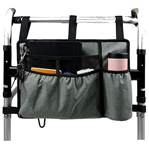 Walker Bag, Zimmer Frame Bag with 3 Pockets and Bottle Holder, 600D Oxford Grey 40 * 28cm Cover