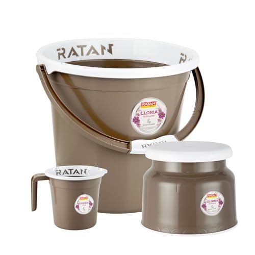 Image of RATAN PLASTICWARE Plastic Bathroom Set of 3 Pieces Combo Pack Gloria Plain 18 Liters Bucket + Nova Stool Patla 107 + Gloria Plain Bath Mug 1 Liter Color Light Brown