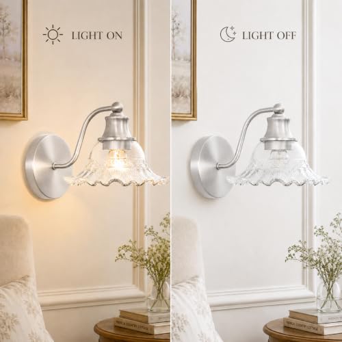 Image of Brushed Nickel Bathroom Wall Sconce Vintage Style, E26 Easy Mounted | Vanity Light with Flower Glass Shade, Bathroom Wall Lighting Fixture Beside Mirror, Easy Mounted for Bedroom, Hallway