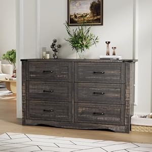 Loomie Farmhouse 6 Drawers Double Dresser for Bedroom, Modern White Dresser Chest of Drawers, Wide Dressers Organizer, Accent Storage Cabinet for Closet, Living Room, Hallway, Dark Rustic Oak Loomie Farmhouse 6 Drawers Double Dresser for Bedroom Modern White Dresser Chest of Drawers Wide Dressers Organizer Accent Storage Cabinet for Closet Living Room Hallway Dark Rustic Oak