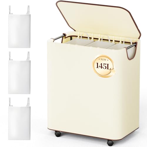 LAMU 145L Wäschehammer mit Rädern, Wäschekorb mit Deckel und 3 abnehmbare Wäschetasche, Beige Große Kapazität 3 Abschnitt Schmutzige Kleidung Hammers für Wäscherei, Schlafzimmer, Bad, Schlafsaal