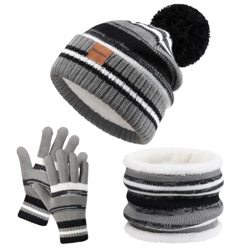 Image of Kids Winter Hat Gloves Scarf Set: Girls Boys Beanie Fleece Lined Ages 6-10
