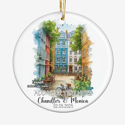 Aarhus Latin Quarter-Denmark Travel Destination Ceramic Ornament – Personalized Round Keepsake Gift with Custom Name and Date, Scenic Souvenir for Couples, Holidays, Christmas hKxneA