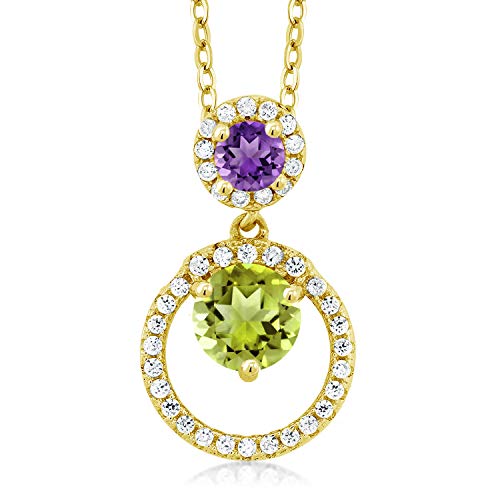 Gem Stone King 1.85 Ct Green Peridot Purple Amethyst 18K Yellow Gold Plated Silver Pendant