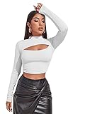 DIDK Damen Crop Shirt T-Shirt Cut Outs Casual Tops Oberteil Stehkragen Bauchfrei Langarmshirts Langarmtops Pullove Lässig T-Shirts Weiß M