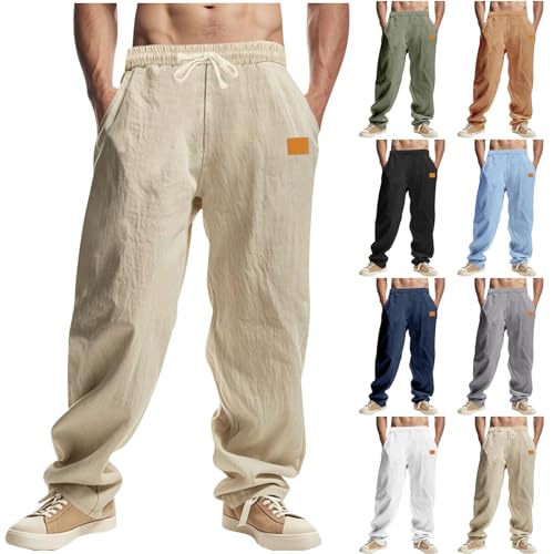Mens Baggy Linen Pants Casual Joggers Sweatpants Elastic Waist Drawstring Lightweight Vacation Trousers with Pockets