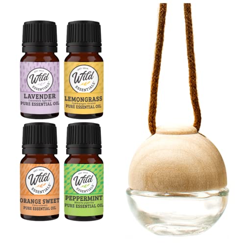 Wild Essentials Glass & Wood Hanging Aromatherapy Diffuser Starter Kit Gift Set Includes 4-100% Pure Essential Oils, Lavender, Lemongrass, Orange Sweet And Peppermint #TOP25