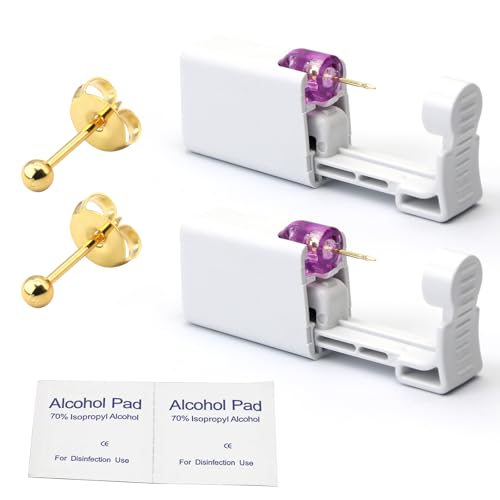 YINPAD 2 psc Ear Piercing Kit Disposable ear piercing gun tool pre-installed with gold 3mm pea earrings at Home Self Piercing Kit (Little golden ball)
