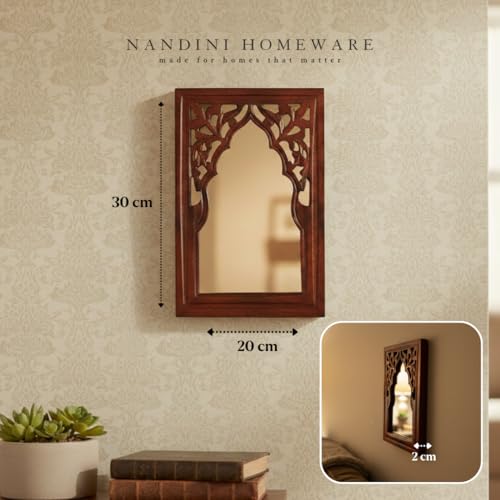 Image of Handcrafted Traditional Brown Rajasthani MDF Wooden Mirror Jharokha Wall Art | Heritage Boho Vintage Style Decorative Wall Hanging for Living Room & Home Interiors (Brown Rajasthani)